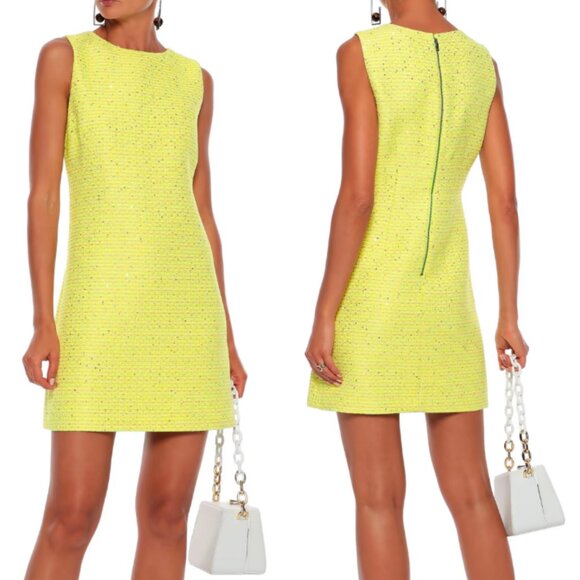 ☀️ ALICE + OLIVIA Clyde Sequin Embellished Neon Boucle Tweed Mini Dress Yellow 2 - Picture 1 of 5